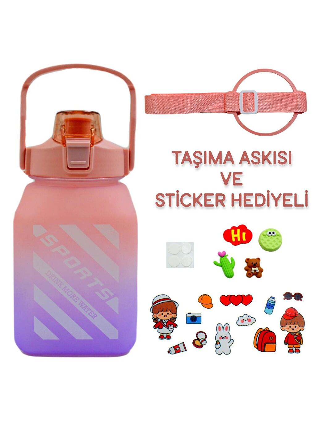 BottleBoss Pembe Kare Spor Model Taşıma Askılı Pipetli Motivasyon Matarası 1,5 Litre Sticker HEDİYELİ Pembe - 1