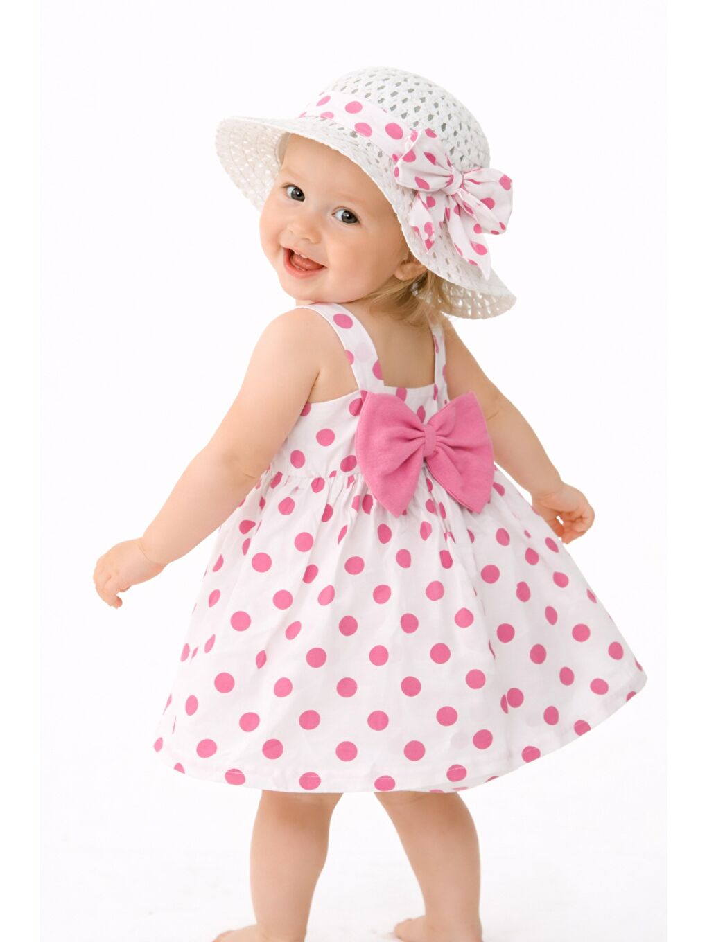 Pembe Puantiye Desenli Fiyonk Detaylı Kız Bebek Elbise-4