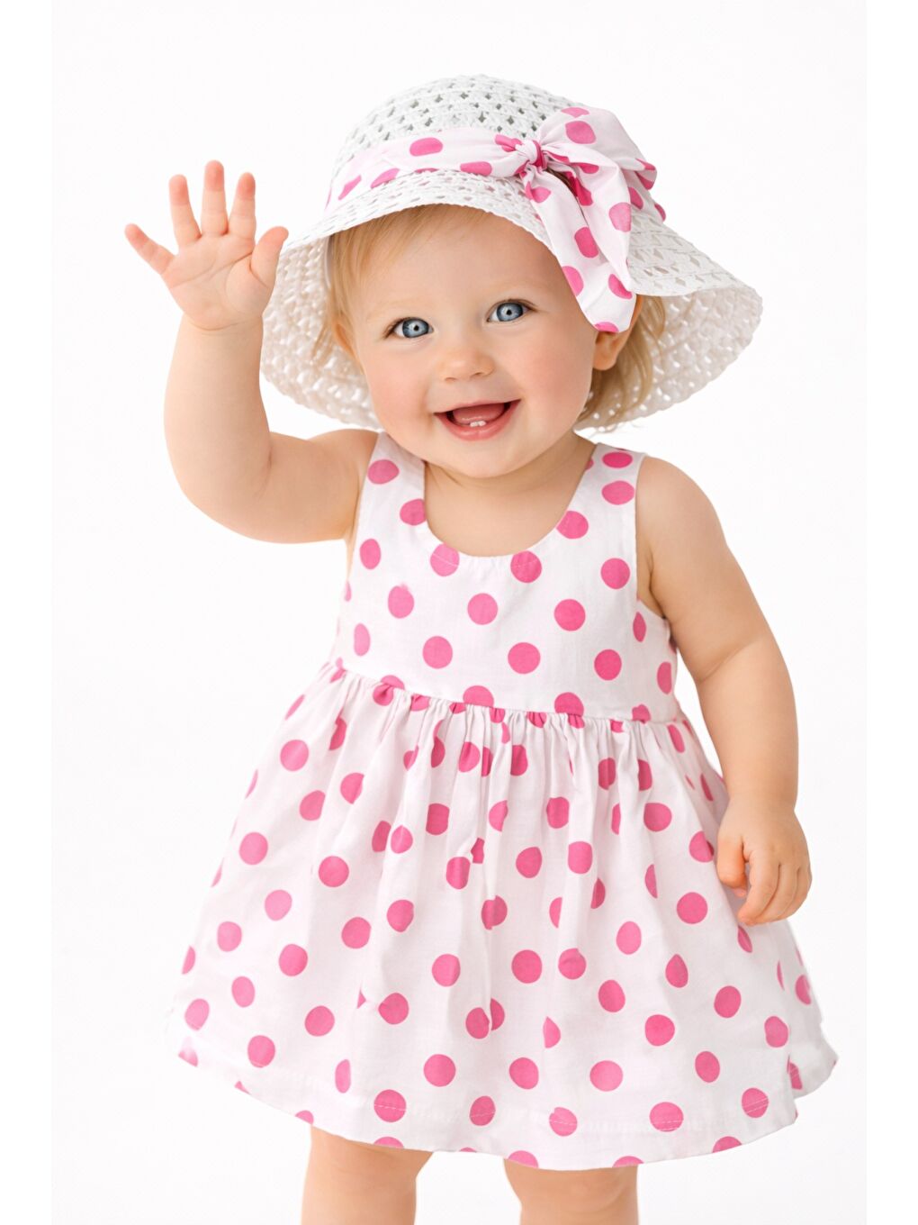 Pembe Puantiye Desenli Fiyonk Detaylı Kız Bebek Elbise-5