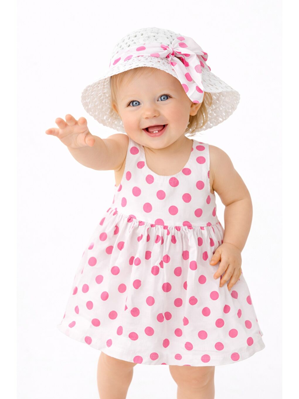 Pembe Puantiye Desenli Fiyonk Detaylı Kız Bebek Elbise-6