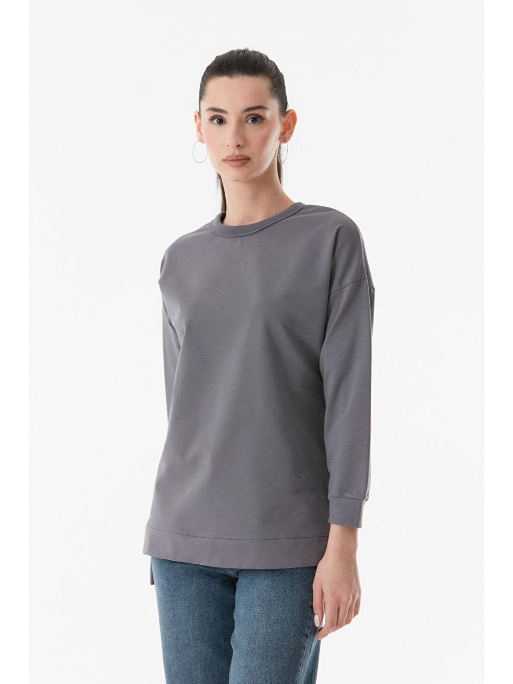 Fullamoda Gri Basic Bisiklet Yaka Sweatshirt