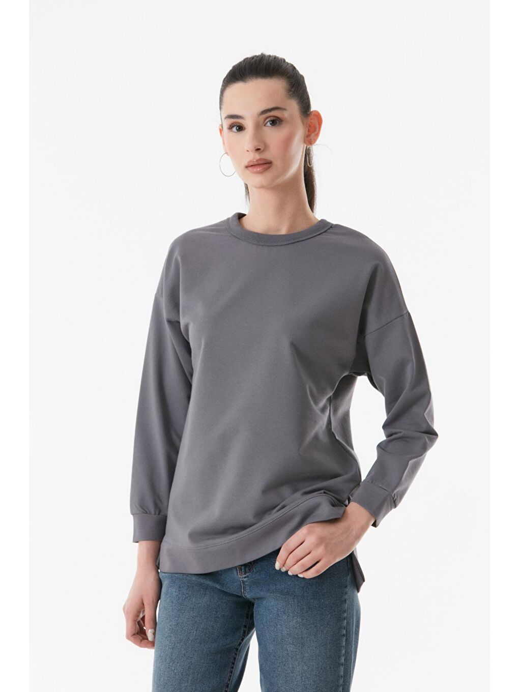 Fullamoda Gri Basic Bisiklet Yaka Sweatshirt - 1