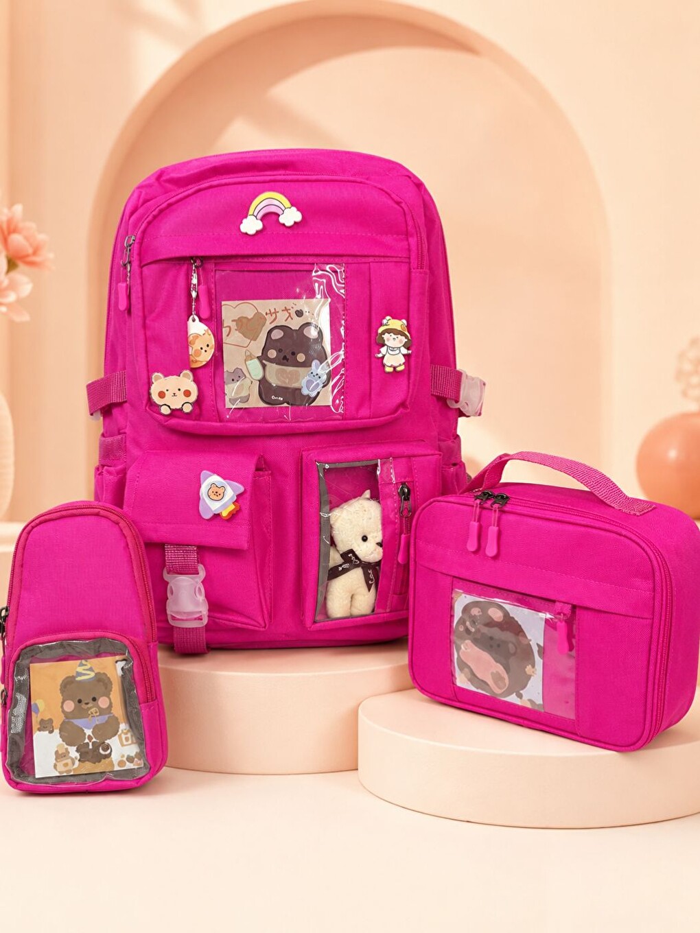 Fuşya 3'lü Premium Set Çok Bölmeli Okul Çantası + Özel Tasarım