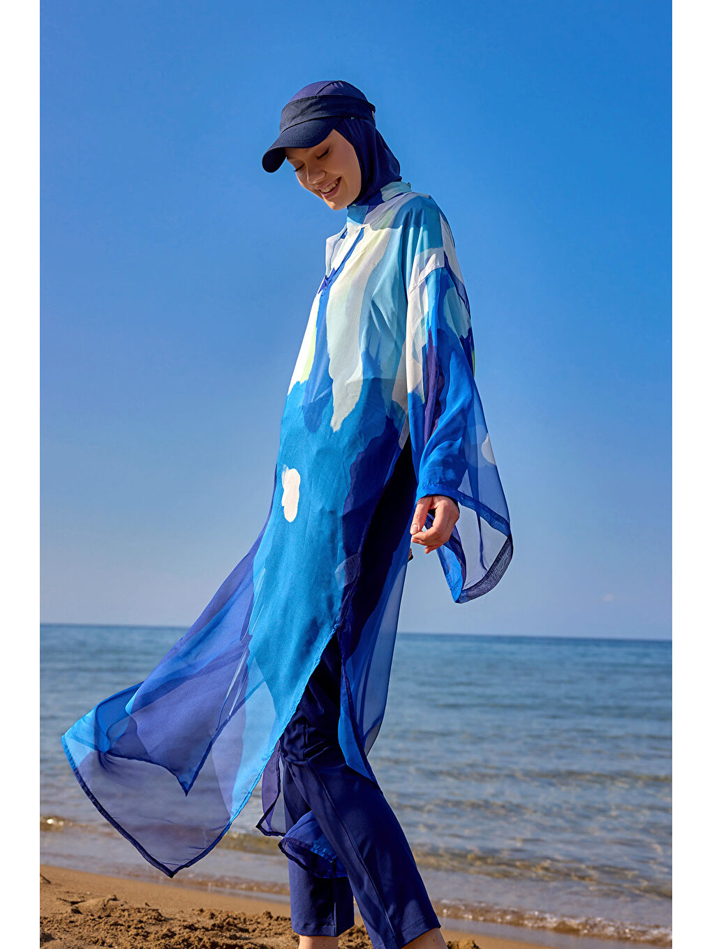 Lacivert Renkli Desenli İpeksi Pareo Kaftan P2507-1