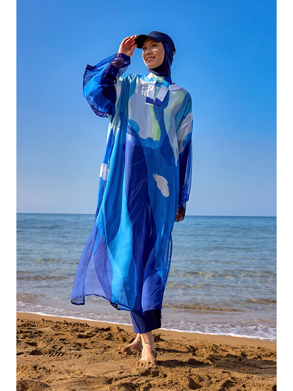 Lacivert Renkli Desenli İpeksi Pareo Kaftan P2507-2