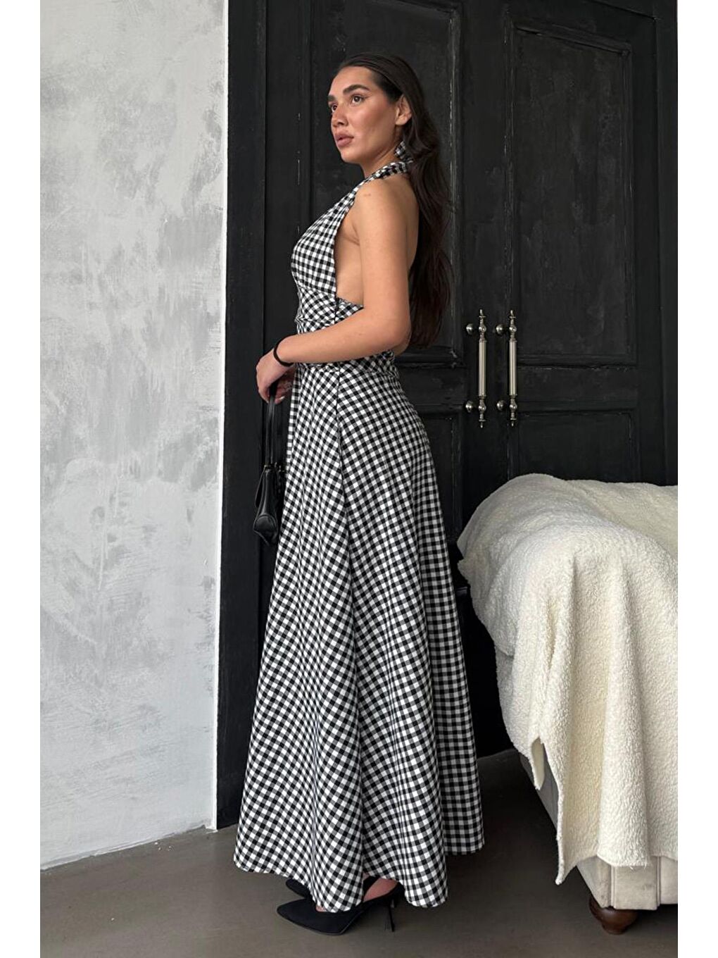 Siyah Ekoseli Midi Boy Kadın Elbise Mg2350-4