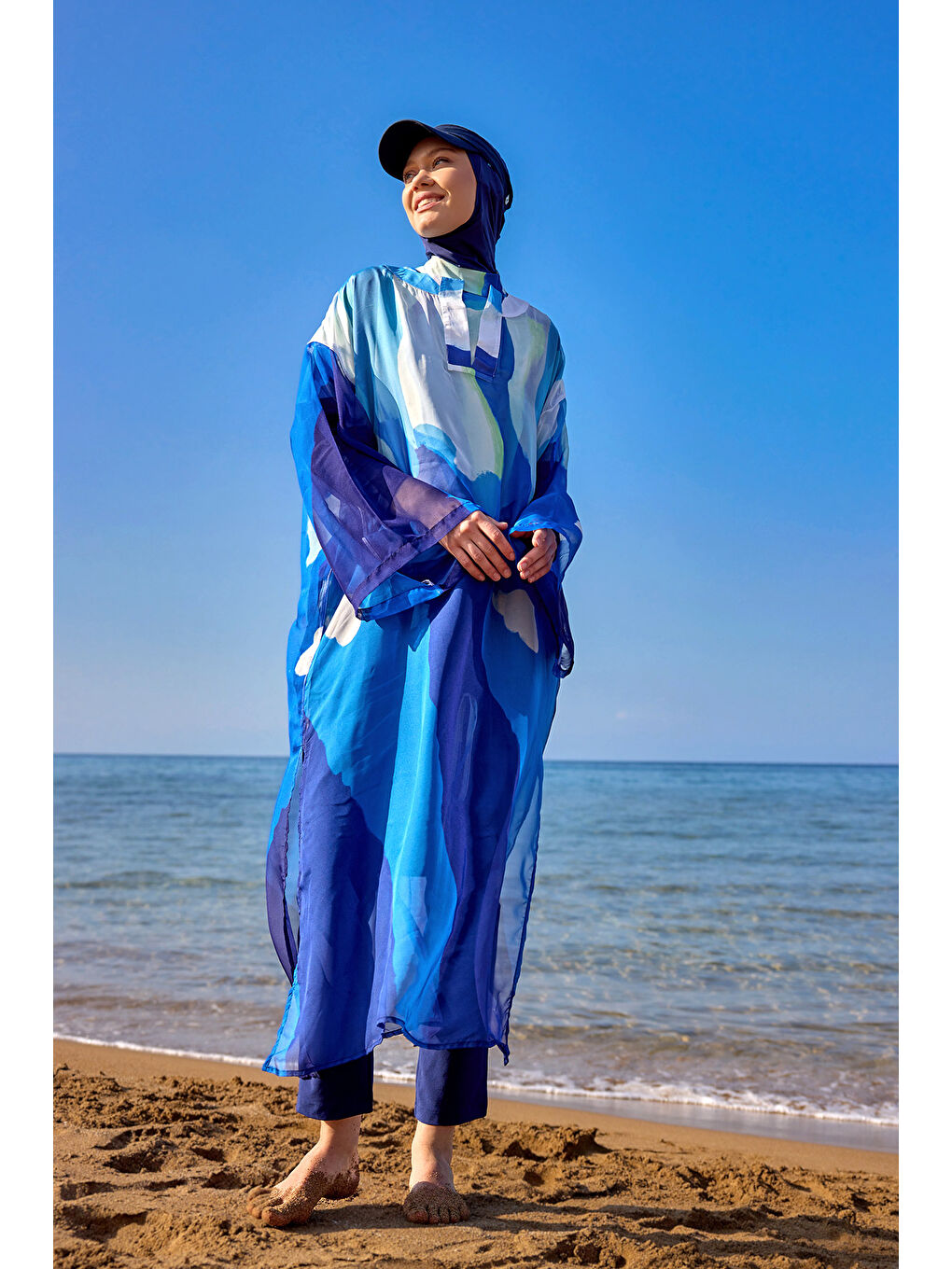 Lacivert Renkli Desenli İpeksi Pareo Kaftan P2507-3