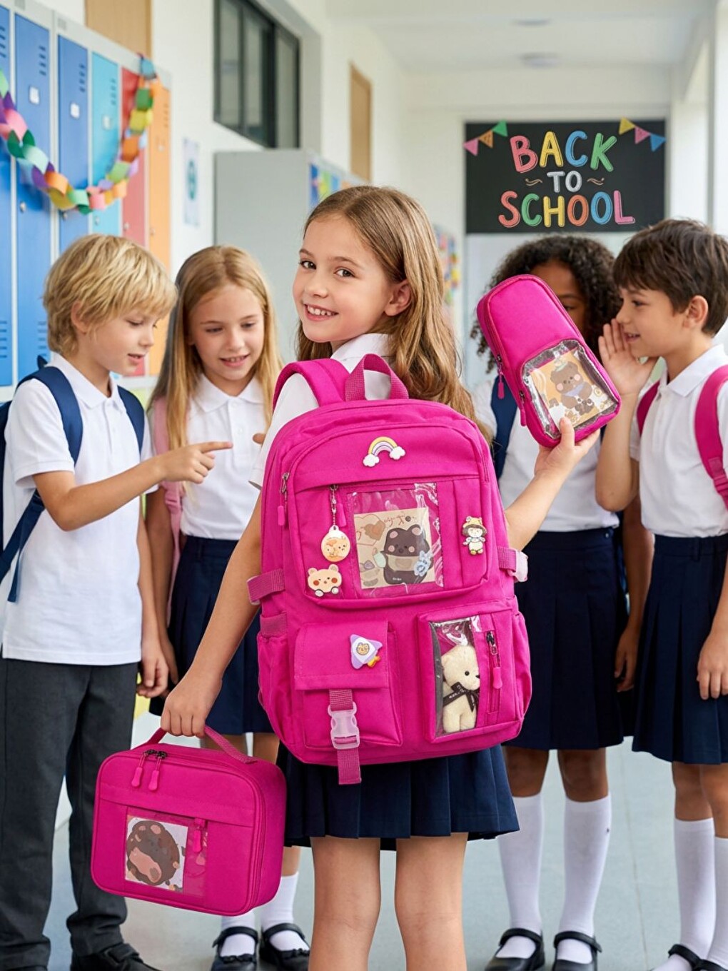 Fuşya 3'lü Premium Set Çok Bölmeli Okul Çantası + Özel Tasarım-3