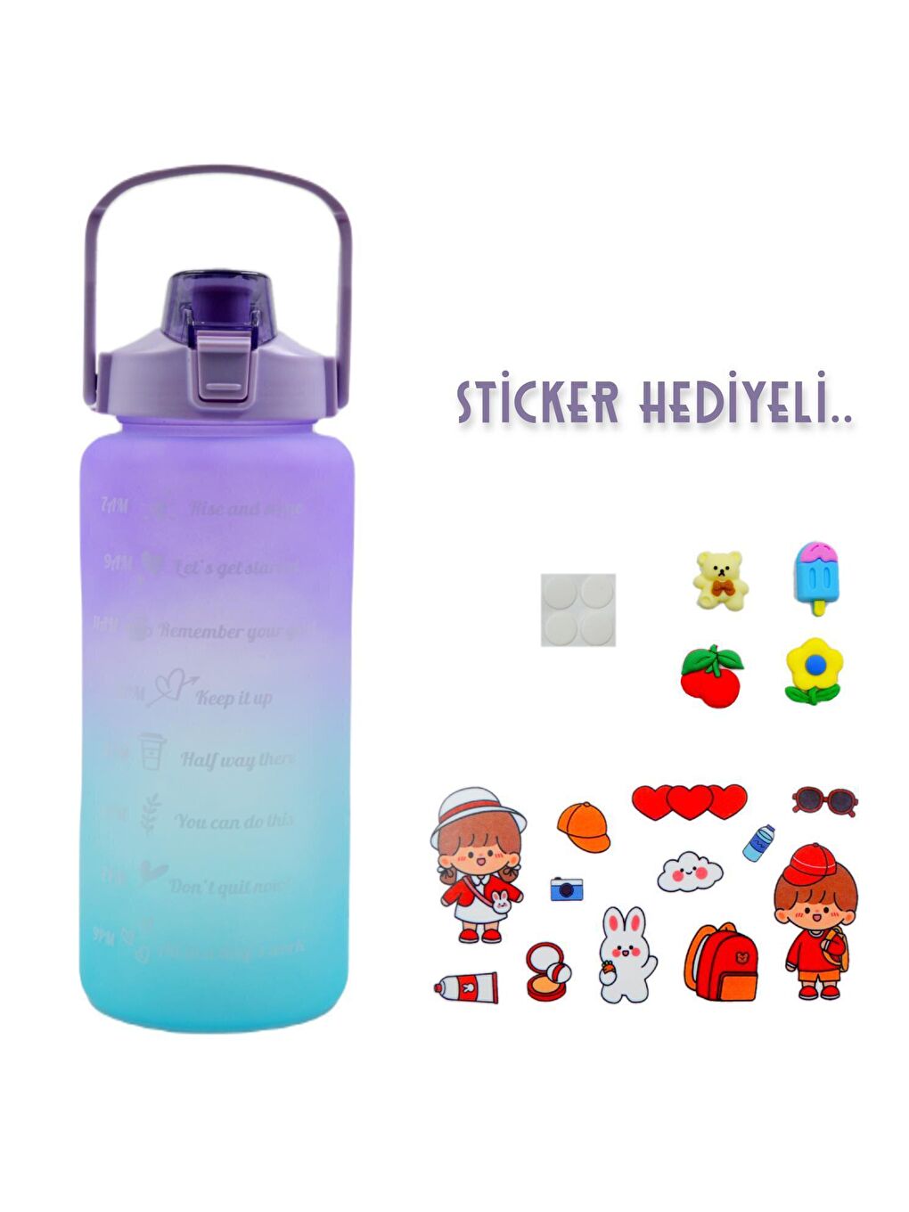 BottleBoss Pastel Renk Geçişli Sızdırmaz Kapak Motivasyon Matarası 2 Litre Sticker HEDİYELİ Mor - 1