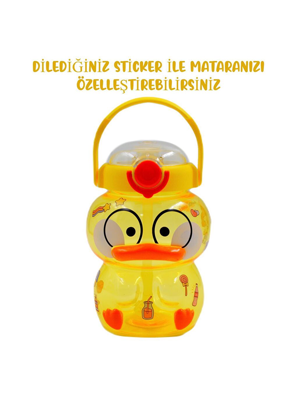 BottleBoss Pipetli Taşıma Askılı Sevimli Ördek Matara 1 Litre Sticker HEDİYELİ Sarı - 4