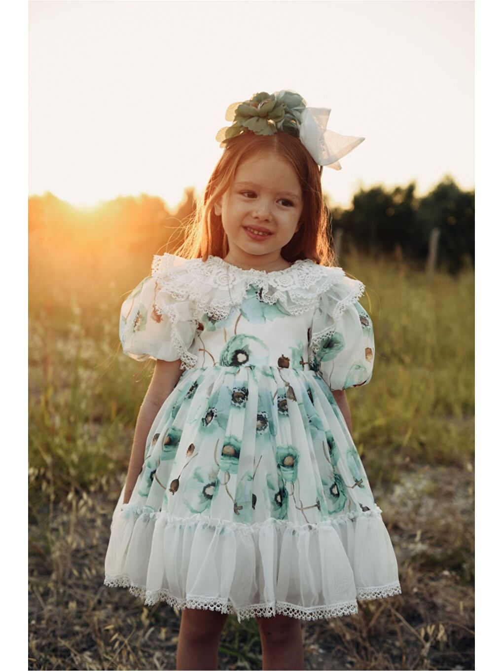 Yeşil Kız Çocuk Taç Aksesuarlı Elbisesi-4
