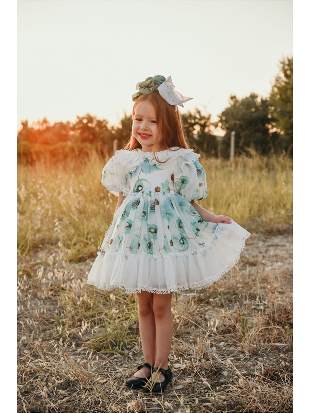 Yeşil Kız Çocuk Taç Aksesuarlı Elbisesi-7