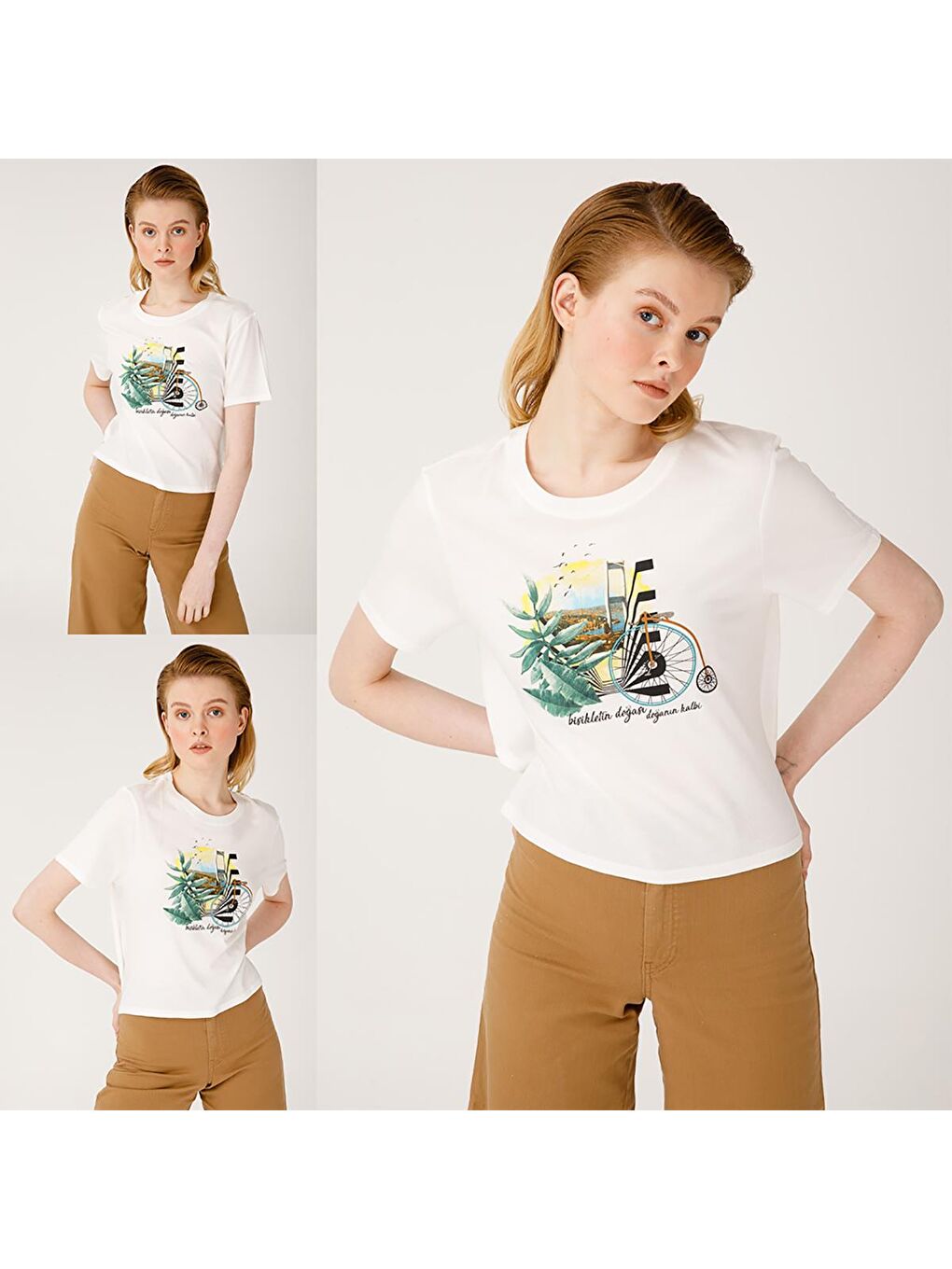 Beyaz Nature Boğazda Bisiklet Kadın T-shirt-3