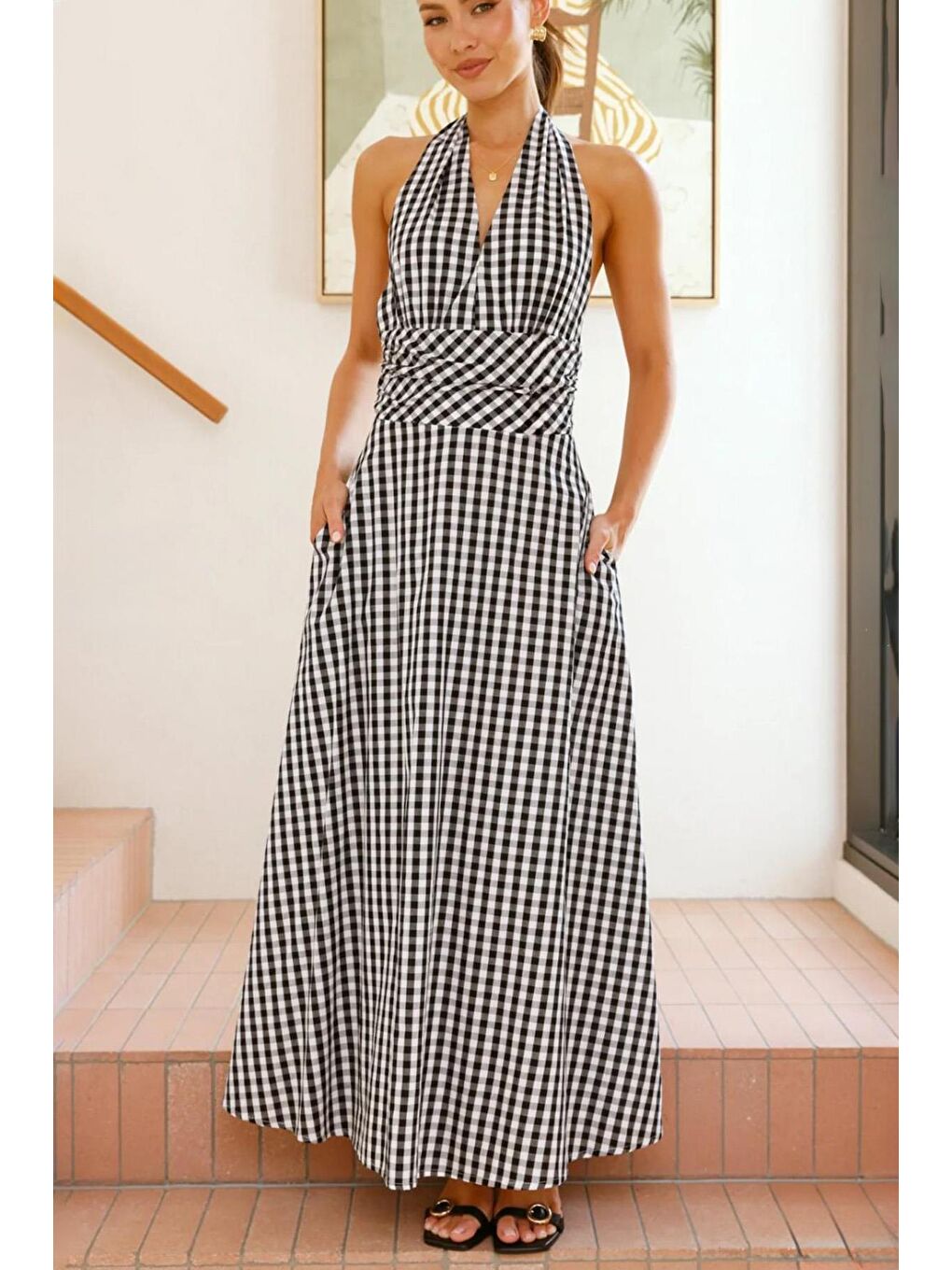 Siyah Ekoseli Midi Boy Kadın Elbise Mg2350-5