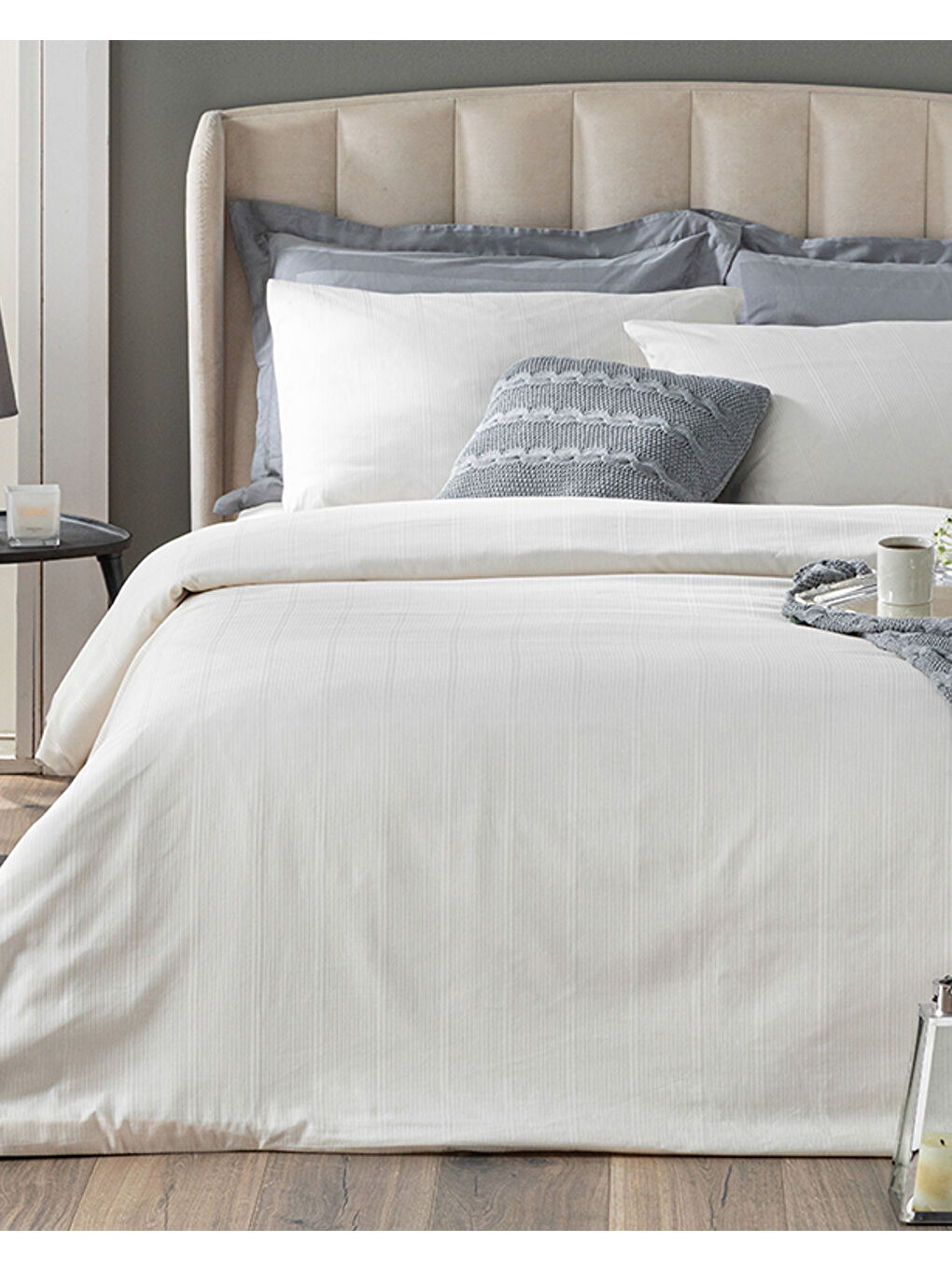 Sarı Listra Çizgili Pamuk Saten Çift Kişilik Nevresim Takımı Fildişi