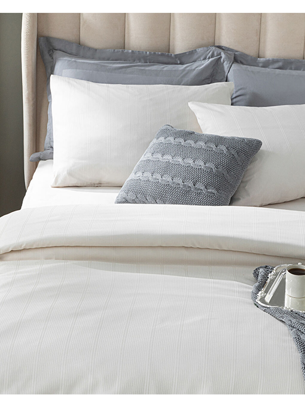 Sarı Listra Çizgili Pamuk Saten Çift Kişilik Nevresim Takımı Fildişi-1