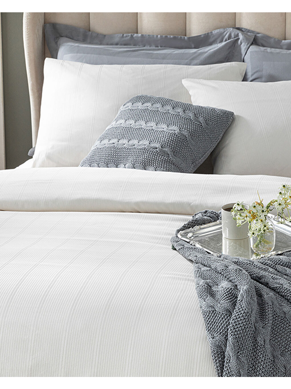 Sarı Listra Çizgili Pamuk Saten Çift Kişilik Nevresim Takımı Fildişi-2