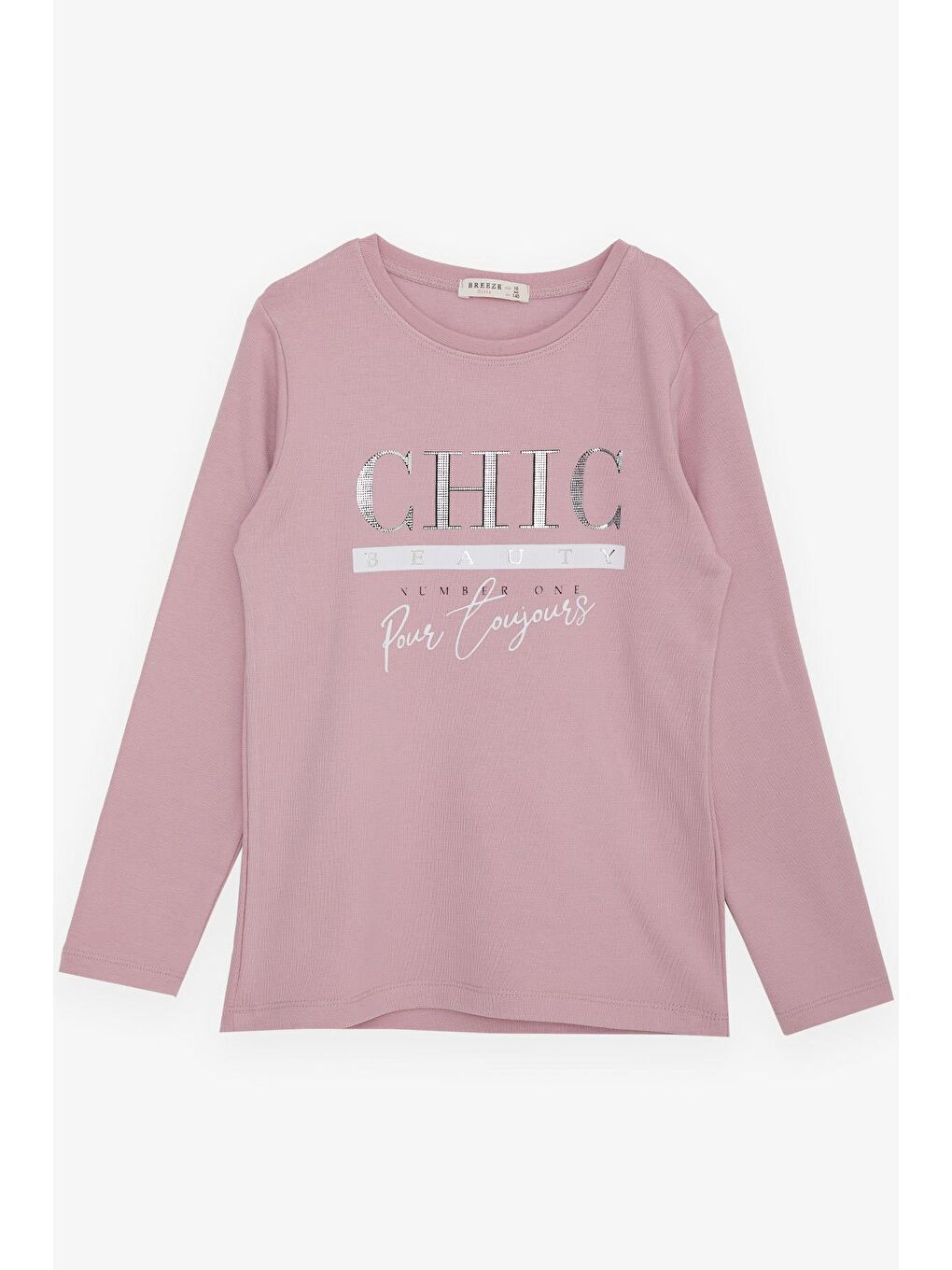 Pembe Kız Çocuk Uzun Kollu Tişört Simli Yazı Baskılı Gülkurusu (9-14 Yaş)