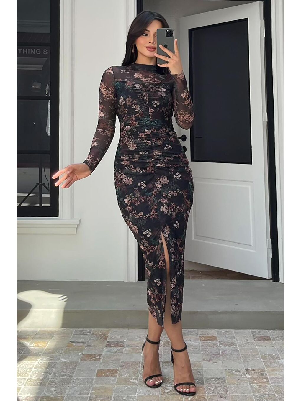 Siyah Uzun Çiçek Desenli Tül Kadın Elbise Mg2222-1