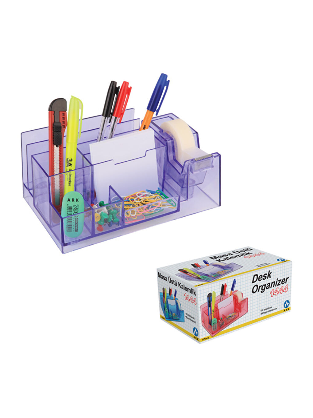 Masaüstü 10 Bölümlü Bant Kesicili Kalemlik (Şeffaf) Kod:1444