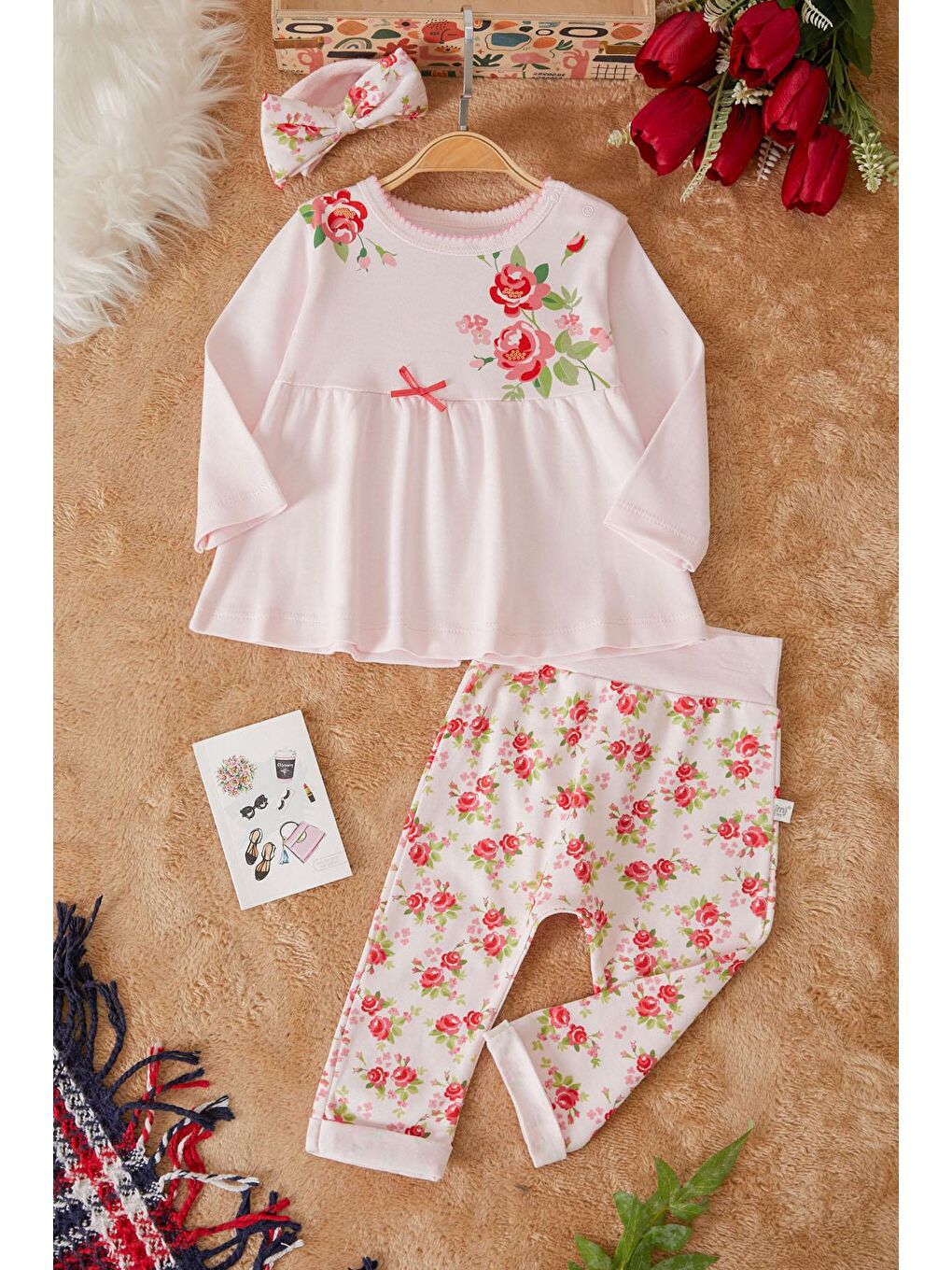 Pembe Gül Baskılı Bandanalı Kız Bebek Elbise Takımı 17501
