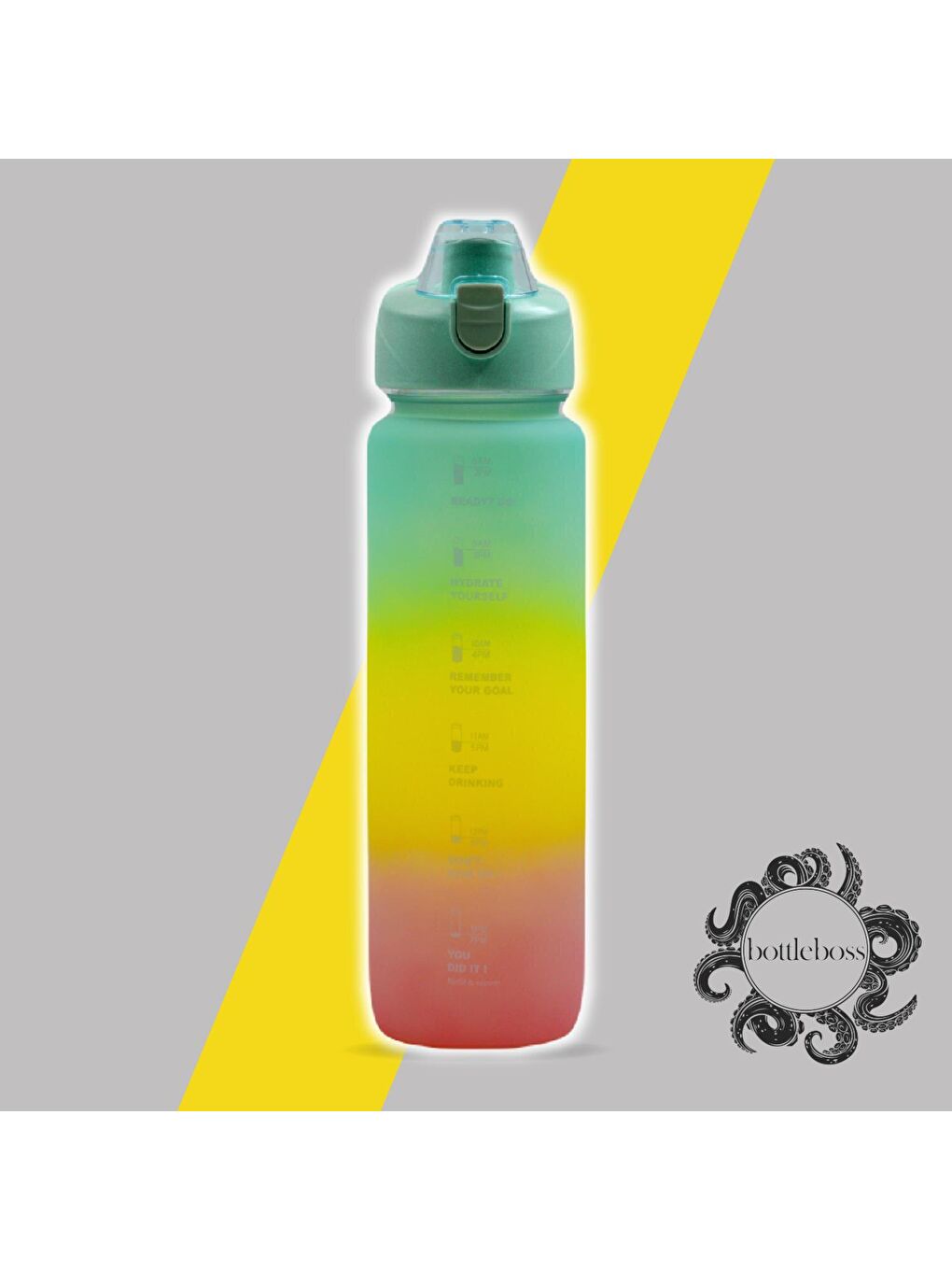 BottleBoss Yeşil Pastel Renk Geçişli Sızdırmaz Kapak Motivasyon Matarası 1100 Ml Sticker HEDİYELİ Yeşil