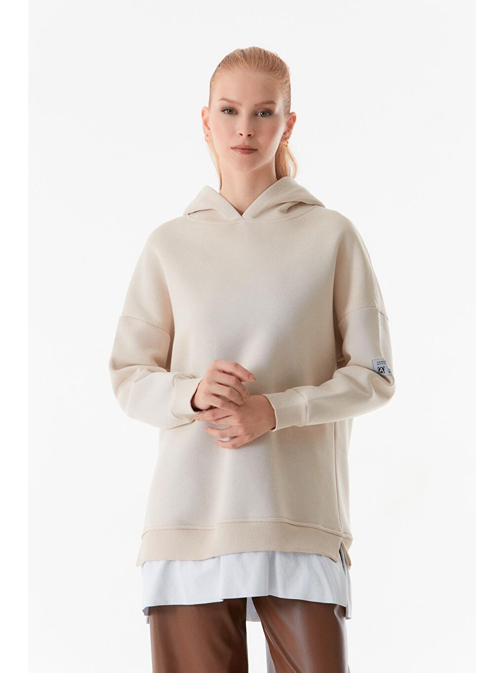 Fullamoda Bej Basic Kapüşonlu Oversize Sweatshirt