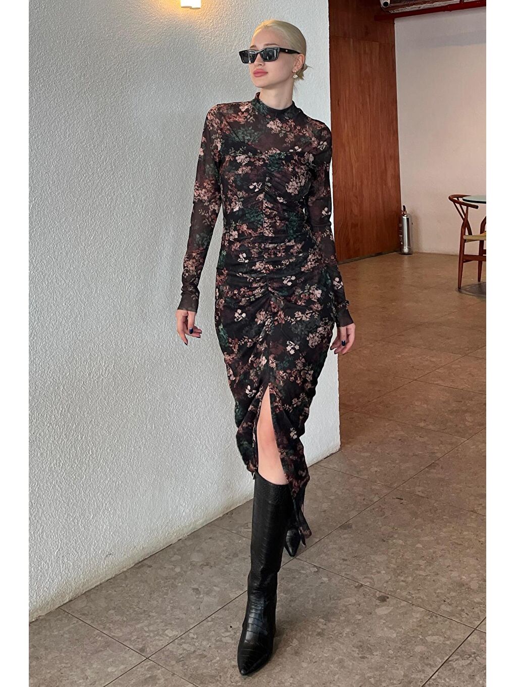 Siyah Uzun Çiçek Desenli Tül Kadın Elbise Mg2222-2