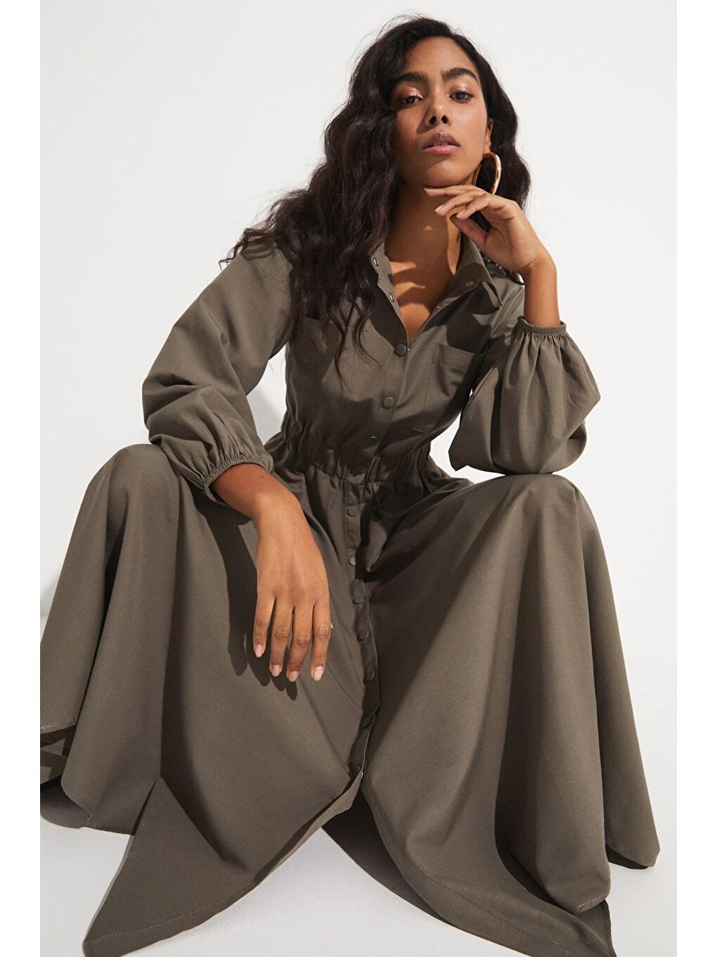 Haki Cep Detaylı Beli Lastikli Poplin Gömlek Elbise-2