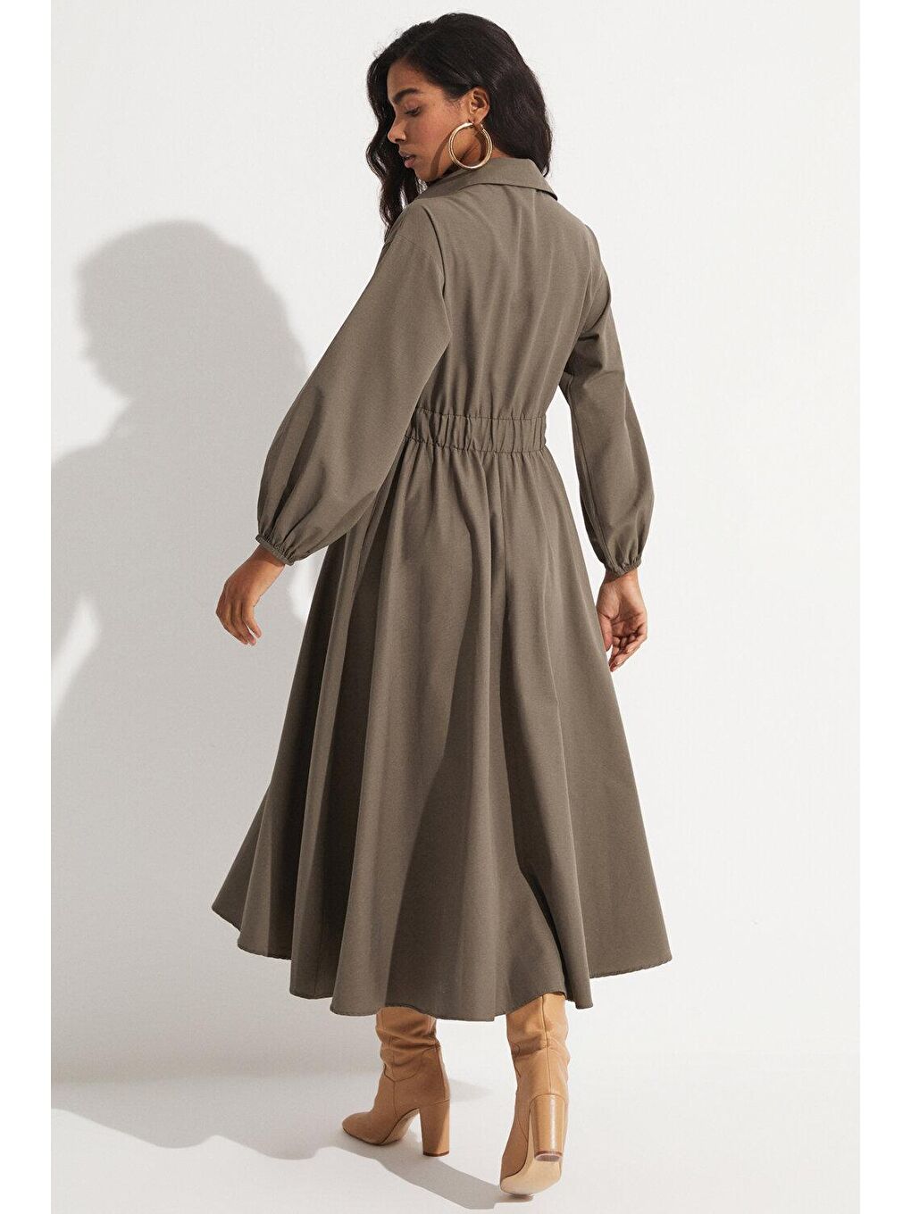 Haki Cep Detaylı Beli Lastikli Poplin Gömlek Elbise-3