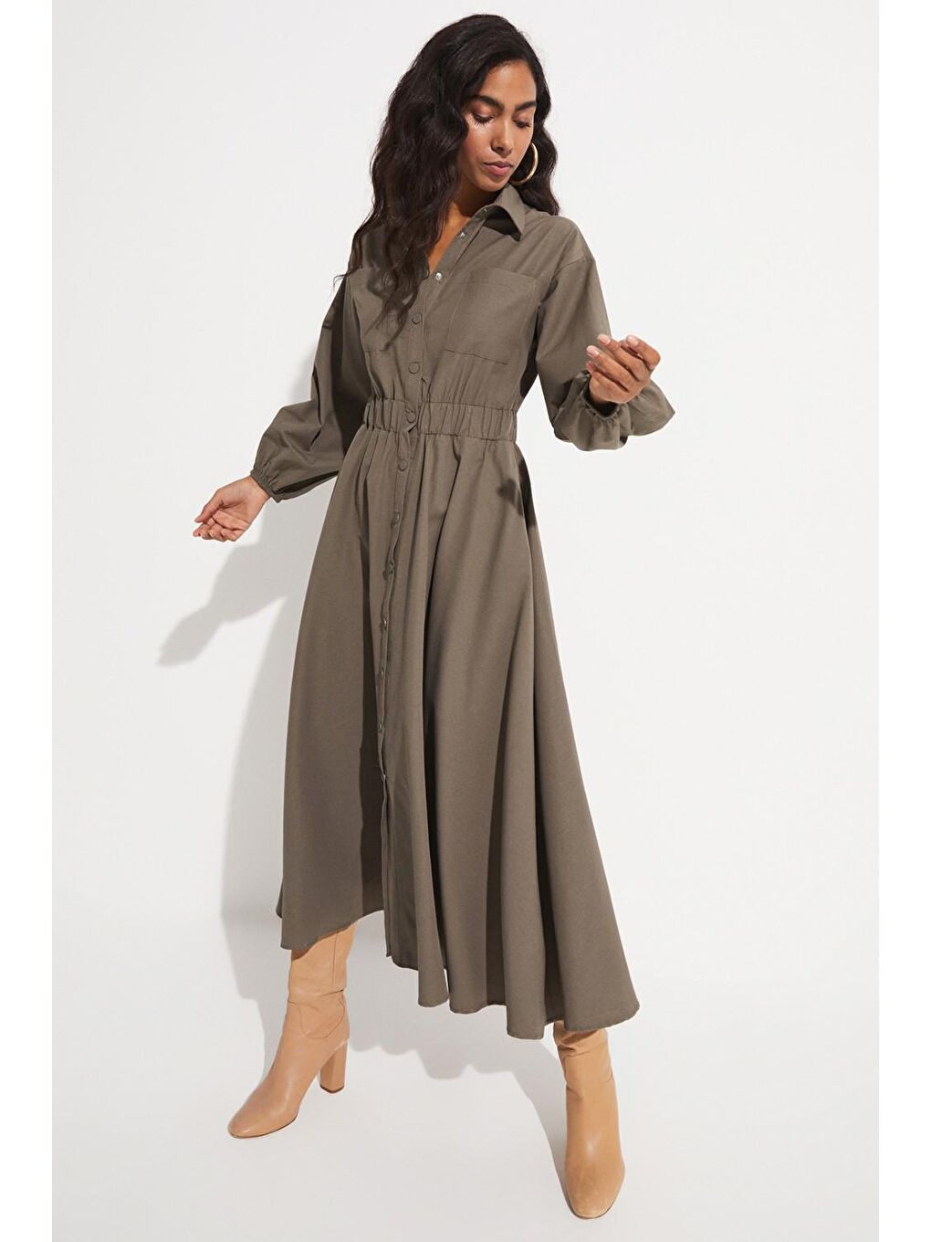 Haki Cep Detaylı Beli Lastikli Poplin Gömlek Elbise-4