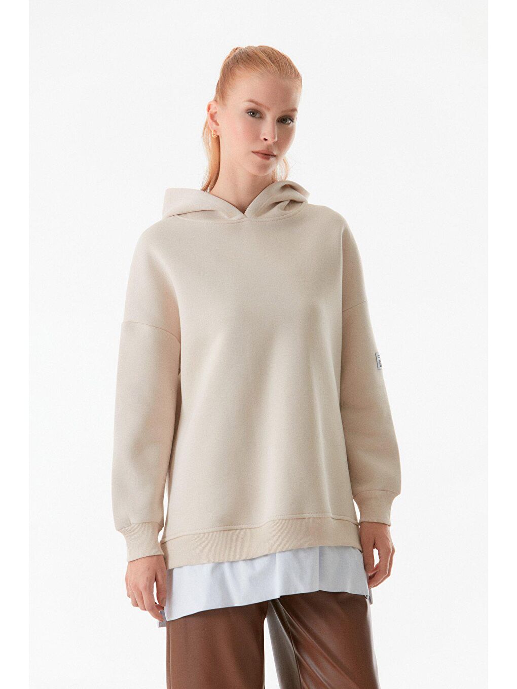 Fullamoda Bej Basic Kapüşonlu Oversize Sweatshirt - 4