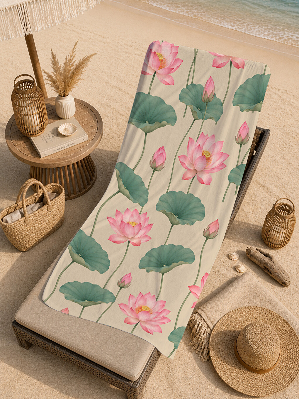 Pastel Yeşil Lotus Çiçeği Yapraklı Botanik Desenli 70x150 Plaj Havlusu - Pamuklu Banyo Havlusu-1