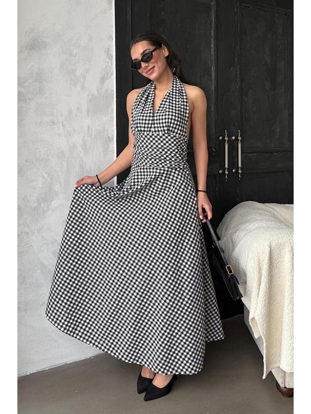 Siyah Ekoseli Midi Boy Kadın Elbise Mg2350-6