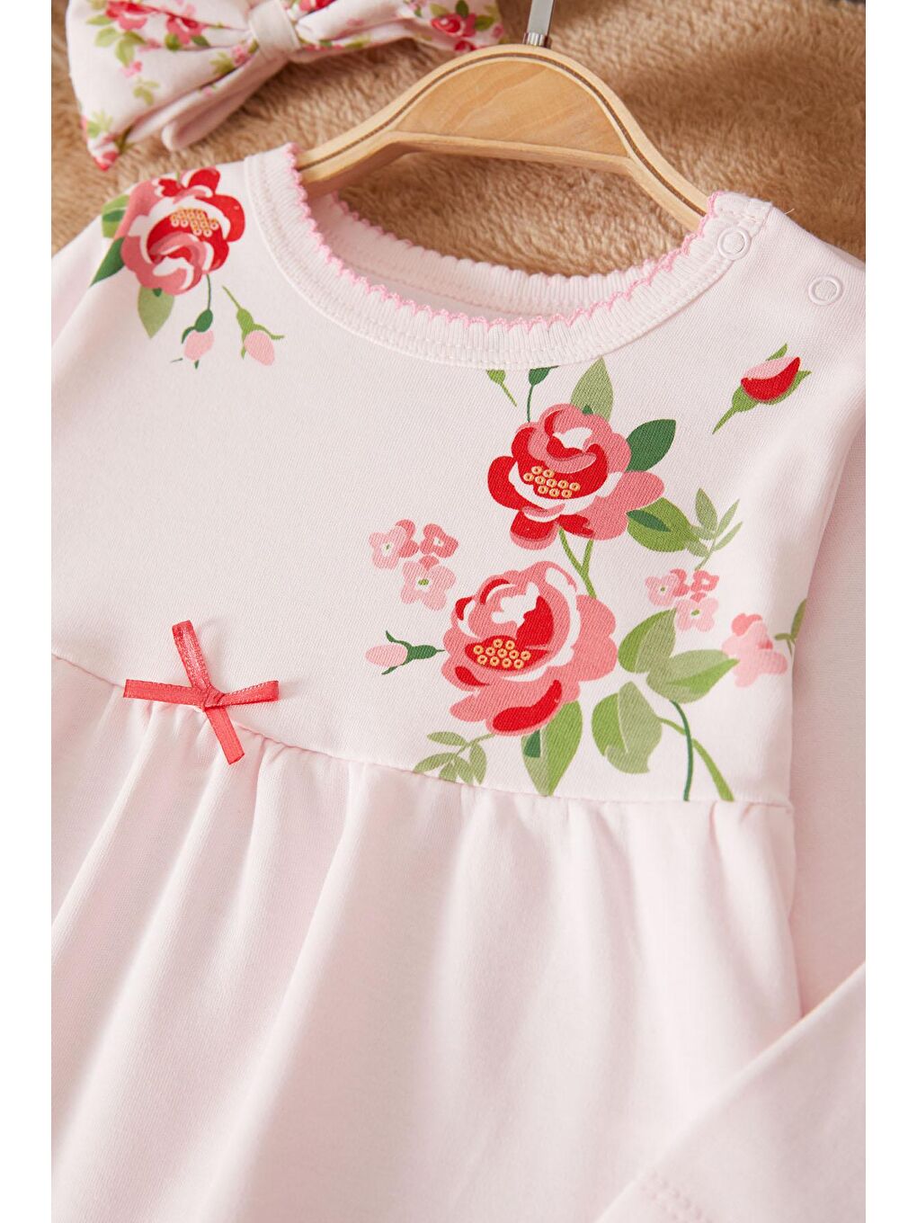 Pembe Gül Baskılı Bandanalı Kız Bebek Elbise Takımı 17501-3