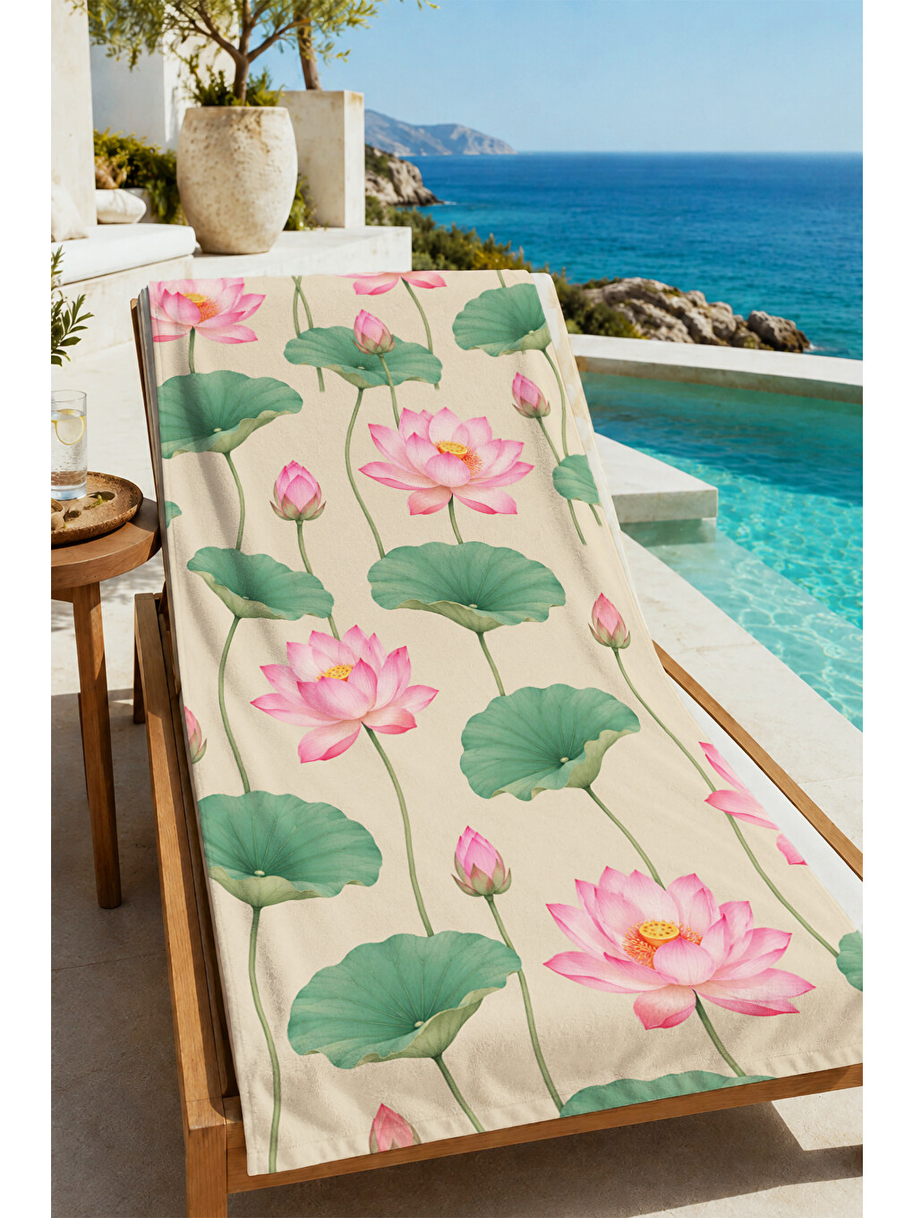 Pastel Yeşil Lotus Çiçeği Yapraklı Botanik Desenli 70x150 Plaj Havlusu - Pamuklu Banyo Havlusu-3