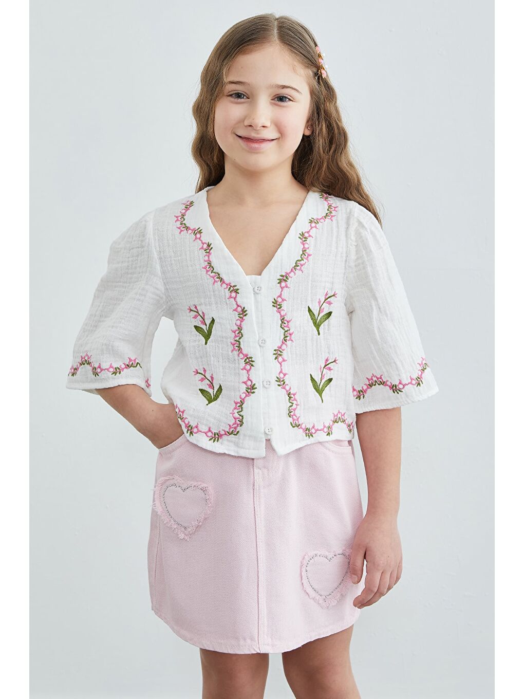 Pembe Taşlı Kalp Nakışlı Kız Çocuk Jean Etek-1