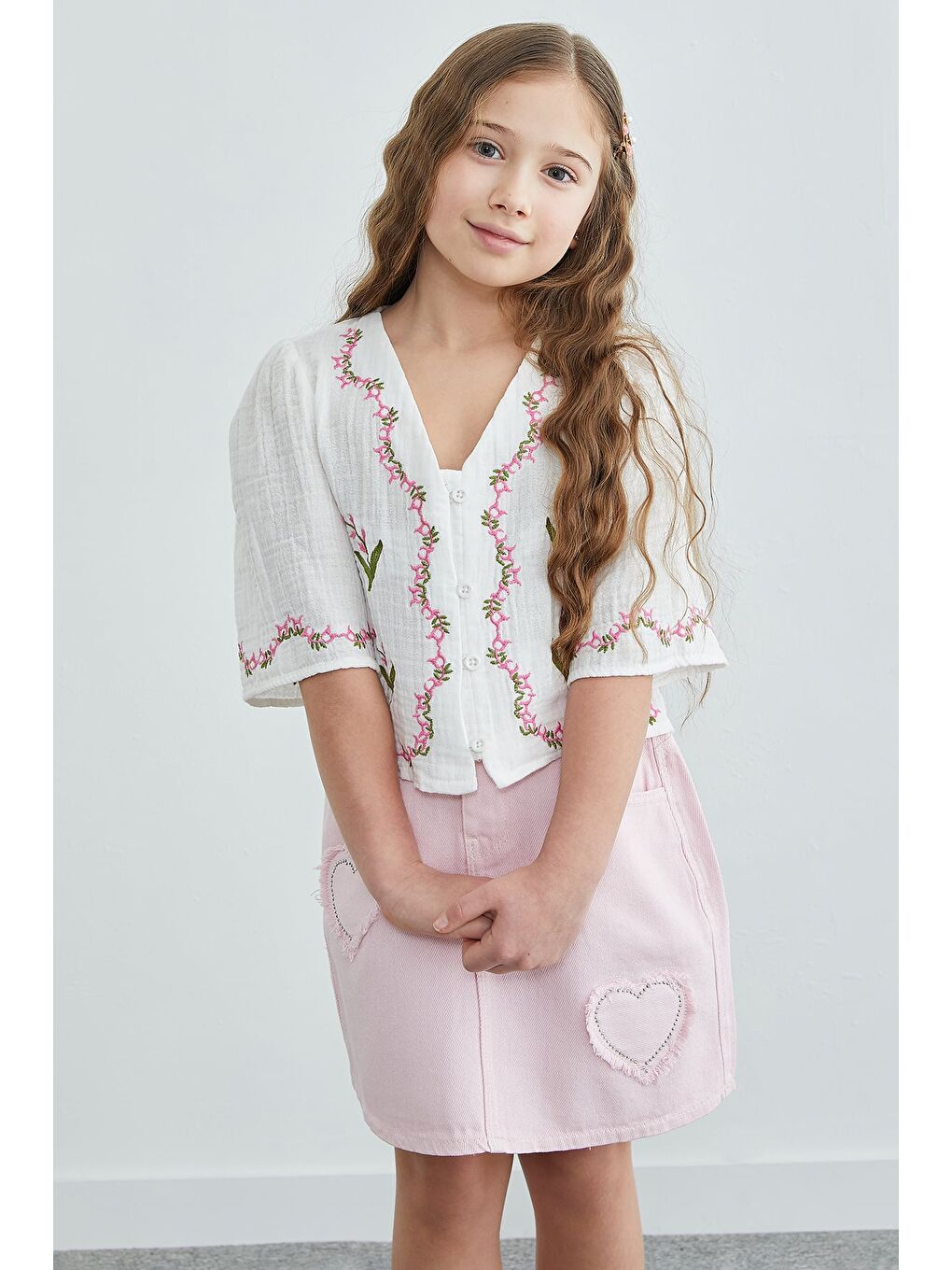 Pembe Taşlı Kalp Nakışlı Kız Çocuk Jean Etek-3