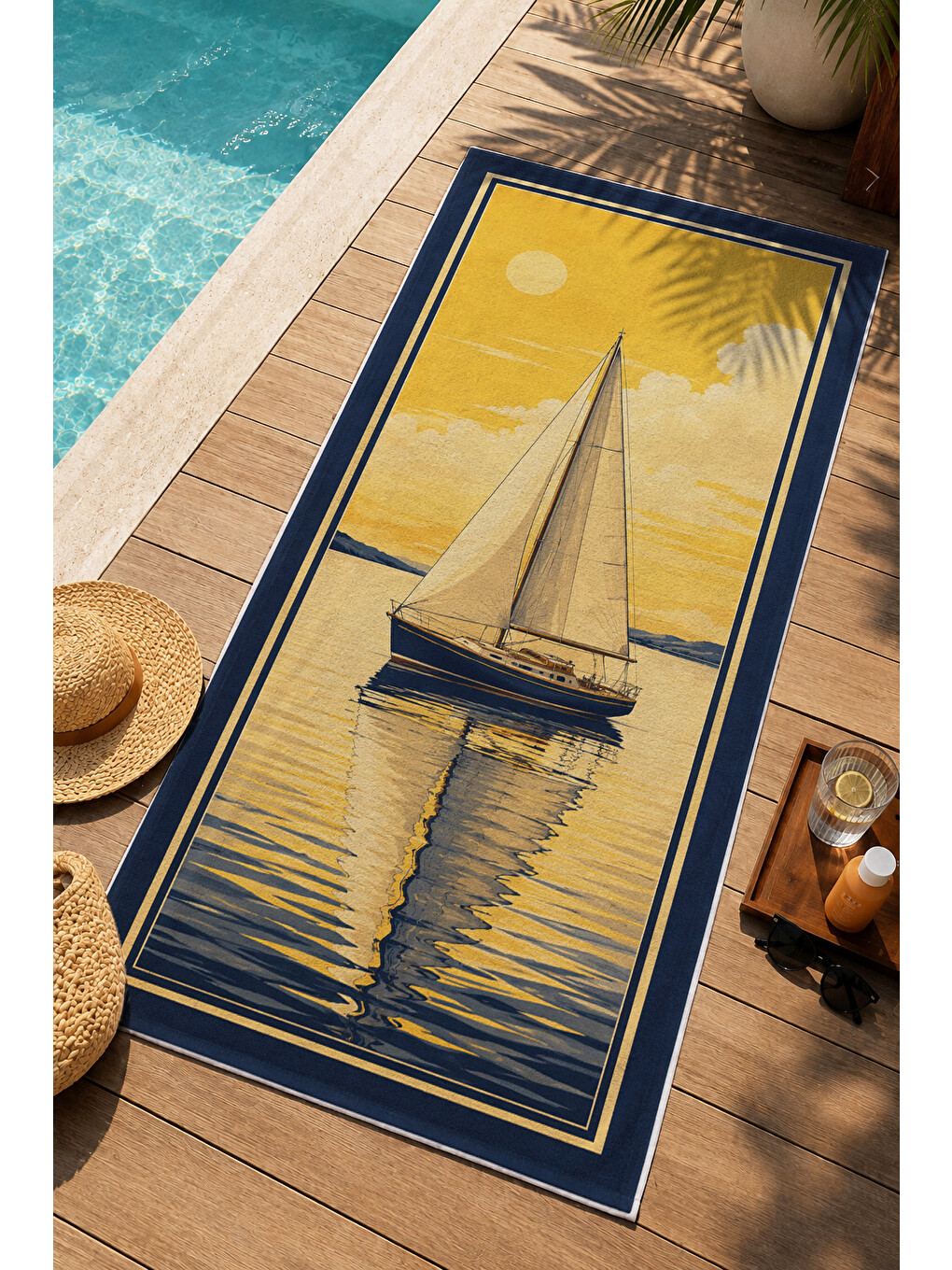 Vintage Sarı Yelkenli Deniz Desenli 70x150 Plaj Havlusu - Dijital Baskılı Solmaz Banyo Havlusu