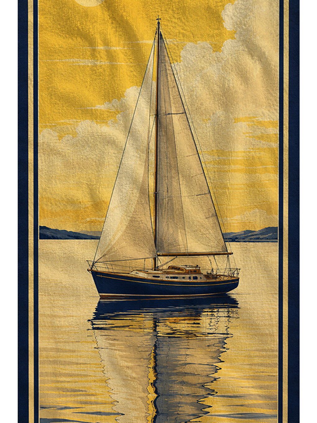 Vintage Sarı Yelkenli Deniz Desenli 70x150 Plaj Havlusu - Dijital Baskılı Solmaz Banyo Havlusu-2
