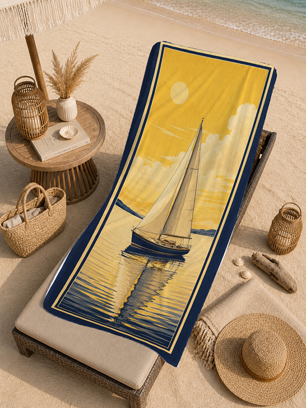 Vintage Sarı Yelkenli Deniz Desenli 70x150 Plaj Havlusu - Dijital Baskılı Solmaz Banyo Havlusu-3