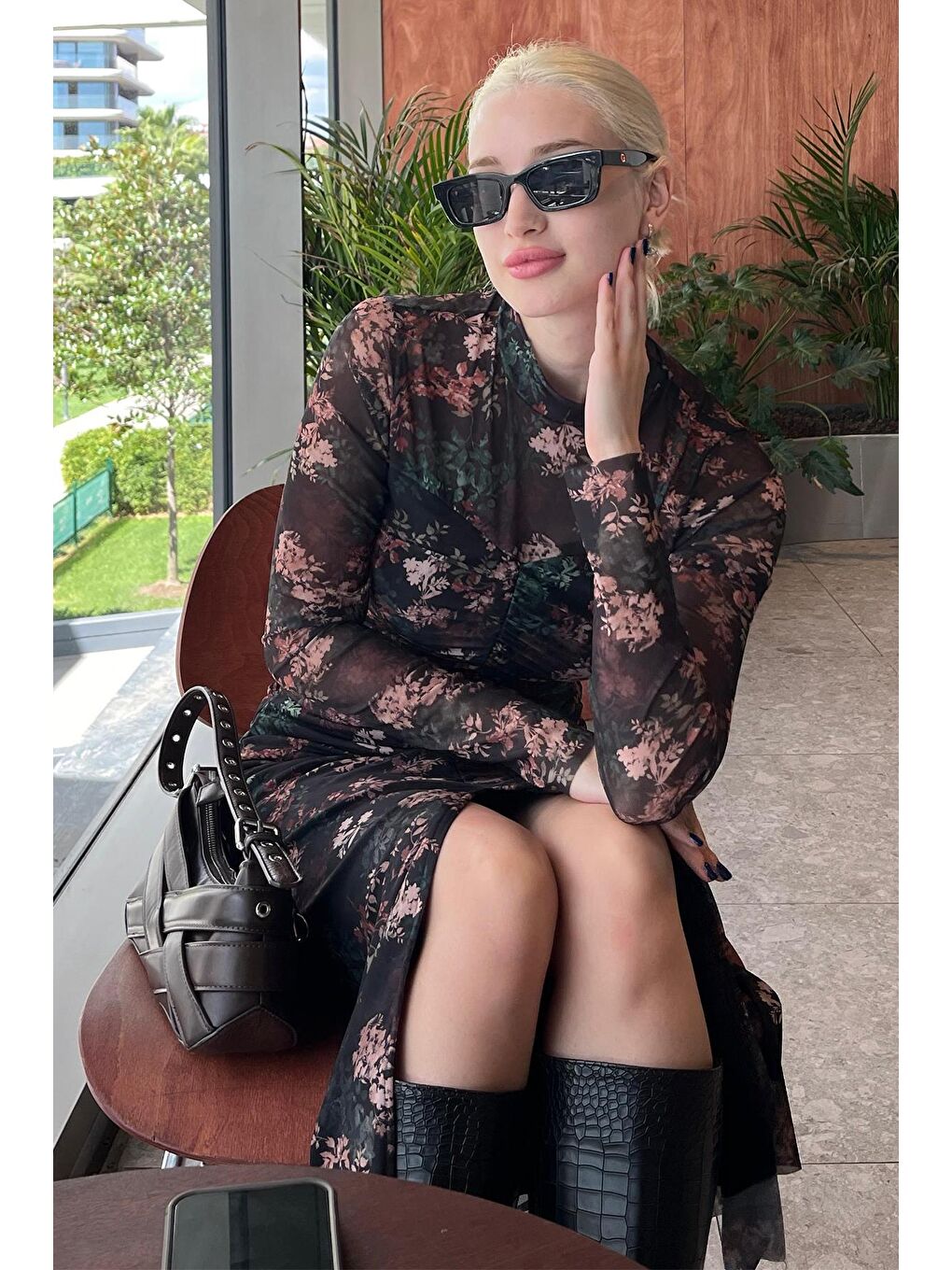 Siyah Uzun Çiçek Desenli Tül Kadın Elbise Mg2222-3