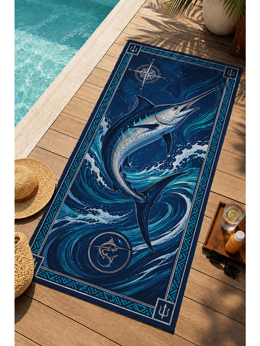 Nautical Mavi Marlin Balığı Dalga Desenli 70x150 Plaj Havlusu - Dijital Baskılı Solmaz Banyo Havlusu
