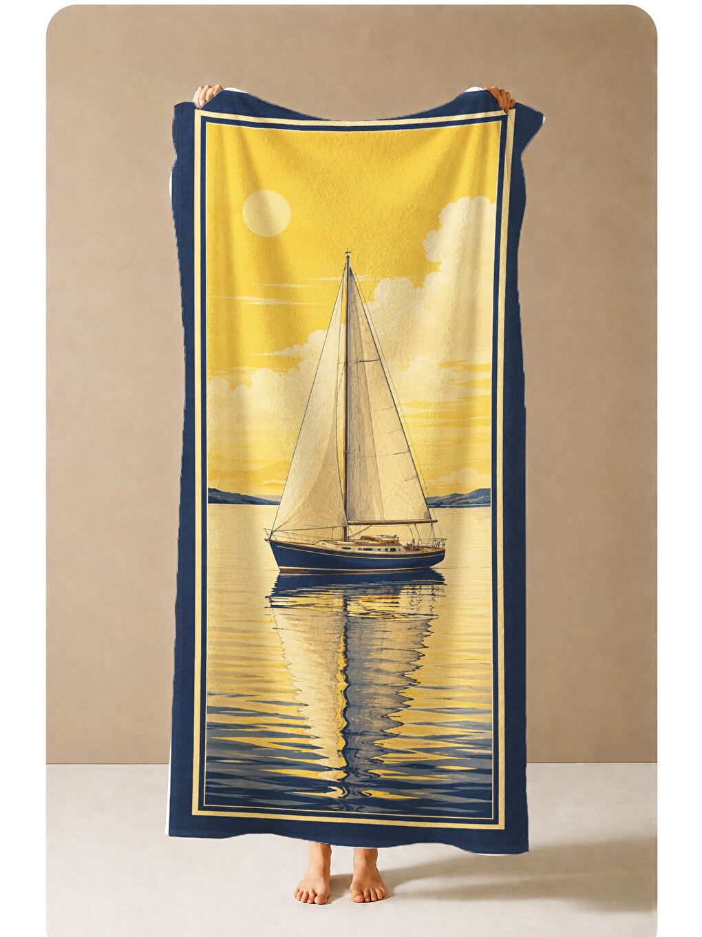 Vintage Sarı Yelkenli Deniz Desenli 70x150 Plaj Havlusu - Dijital Baskılı Solmaz Banyo Havlusu-4