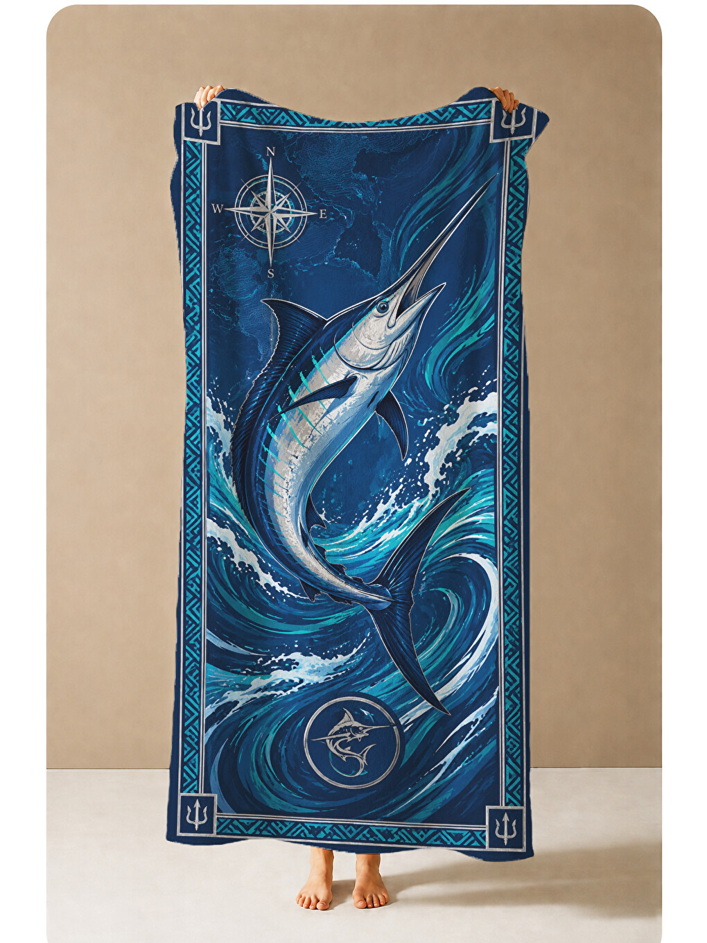 Nautical Mavi Marlin Balığı Dalga Desenli 70x150 Plaj Havlusu - Dijital Baskılı Solmaz Banyo Havlusu-1