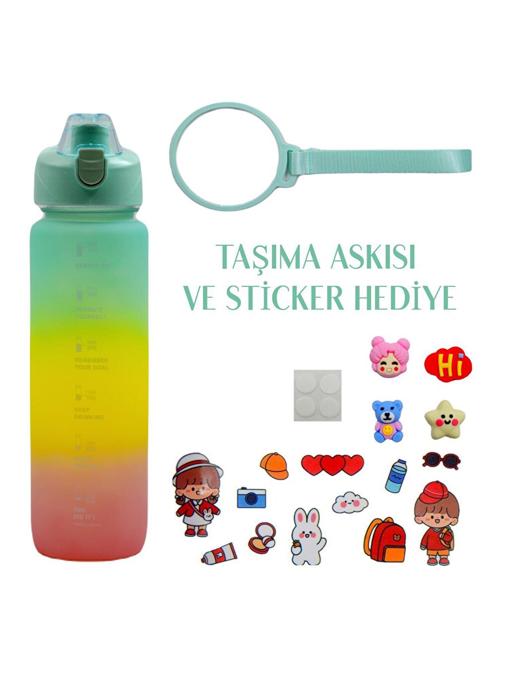 BottleBoss Yeşil Pastel Renk Geçişli Sızdırmaz Kapak Motivasyon Matarası 1100 Ml Sticker HEDİYELİ Yeşil - 1