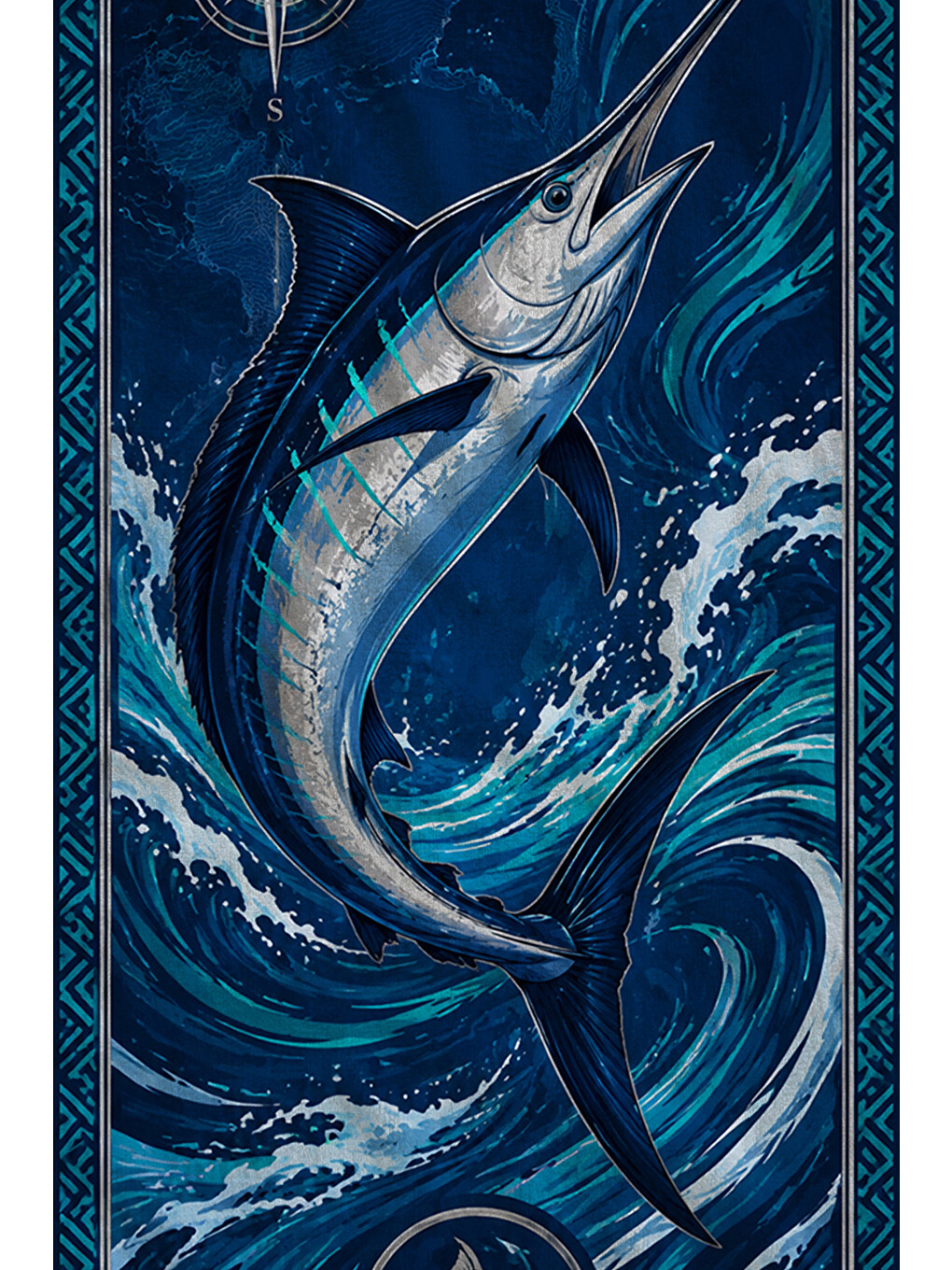 Nautical Mavi Marlin Balığı Dalga Desenli 70x150 Plaj Havlusu - Dijital Baskılı Solmaz Banyo Havlusu-2