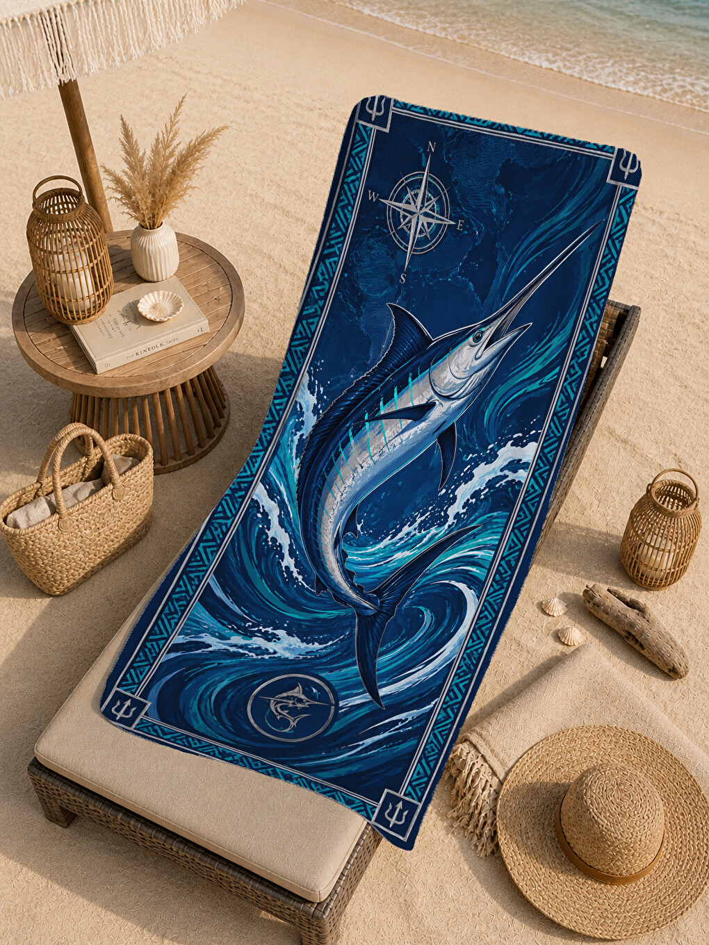 Nautical Mavi Marlin Balığı Dalga Desenli 70x150 Plaj Havlusu - Dijital Baskılı Solmaz Banyo Havlusu-3