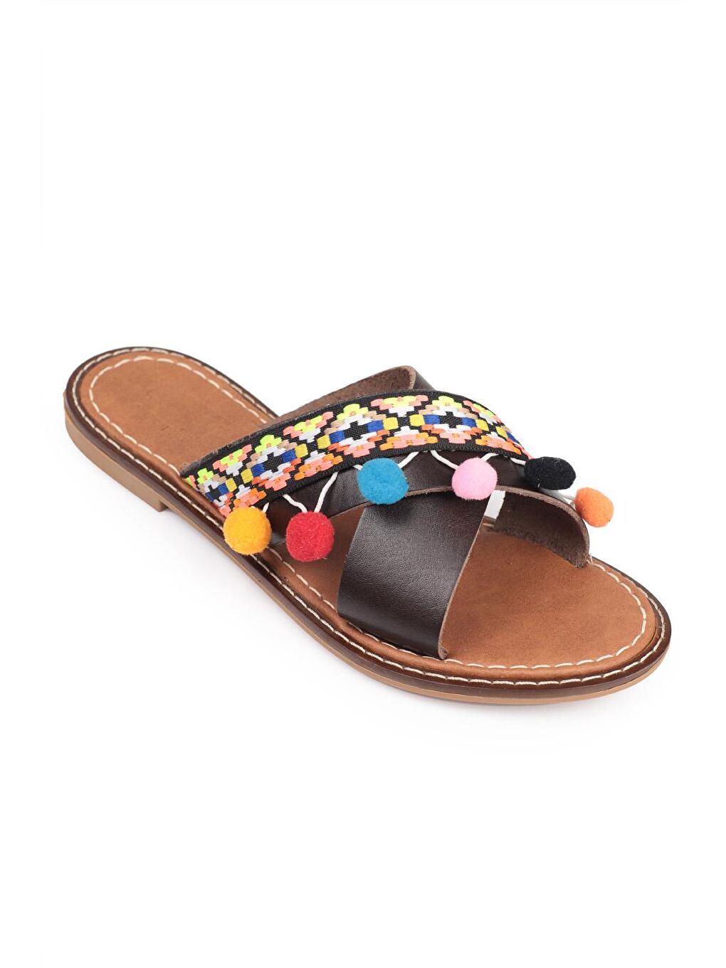 Kahverengi 8084 Hakiki Deri Ponponlu Kadın Terlik-2