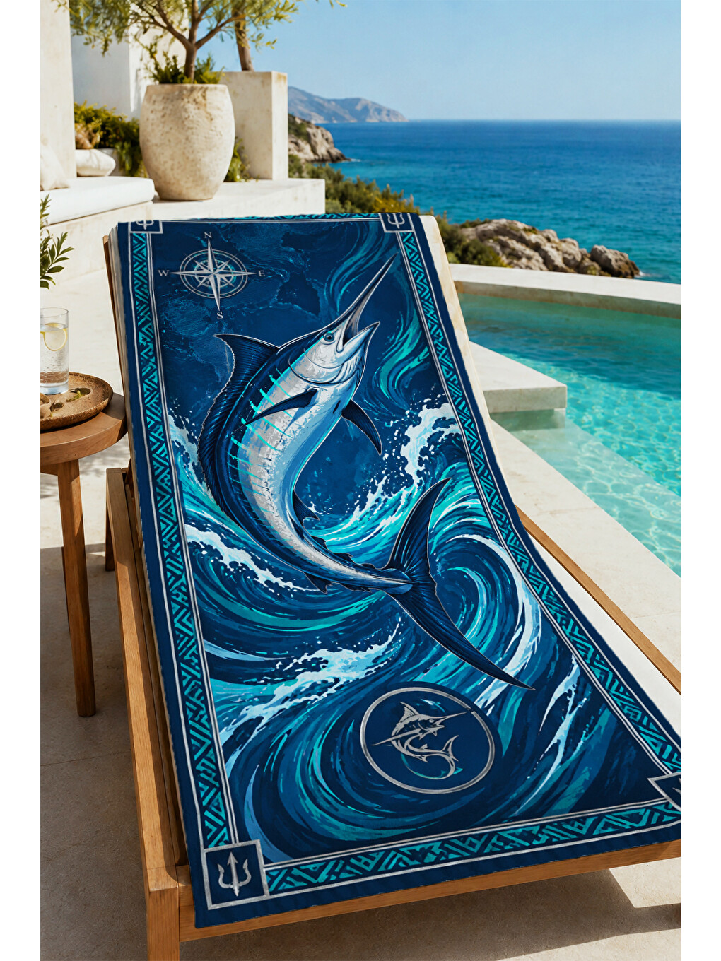 Nautical Mavi Marlin Balığı Dalga Desenli 70x150 Plaj Havlusu - Dijital Baskılı Solmaz Banyo Havlusu-4
